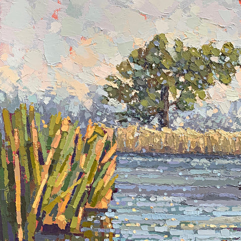 Detail of tree and marsh grasses from painting of a marsh on the bay with yellow grasses against blue water, tree in background and warm glow of afternoon sun by Joan Wiberg at Cottage Curator - Sperryville VA Art Gallery