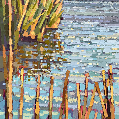 Detail of marsh grasses and water from painting of bay marsh with warm glow of afternoon sun by Joan Wiberg at Cottage Curator - Sperryville VA Art Gallery