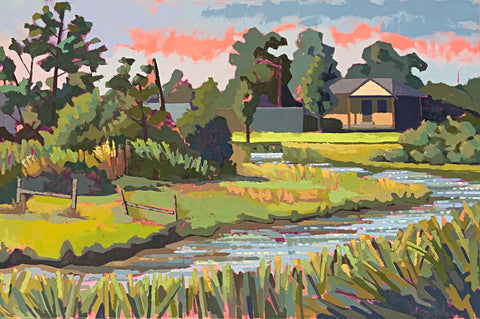 Landscape of house on a marshy waterway at morning in Chincoteague VA by Joan Wiberg - Cottage Curator - Sperryville VA Art Gallery