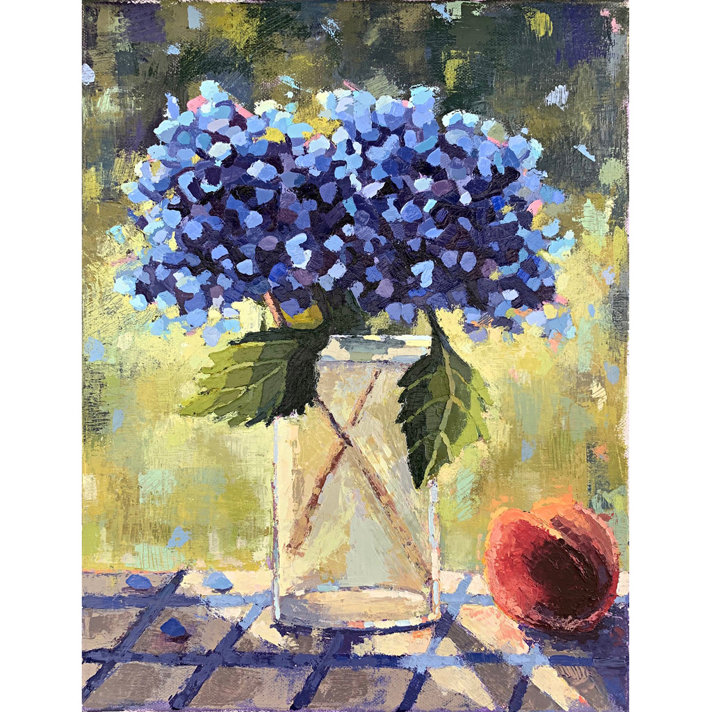 Still life painting with blue hydrangea in vase and peach on blue tablecloth by Joan Wiberg at Cottage Curator - Sperryville VA Art Gallery