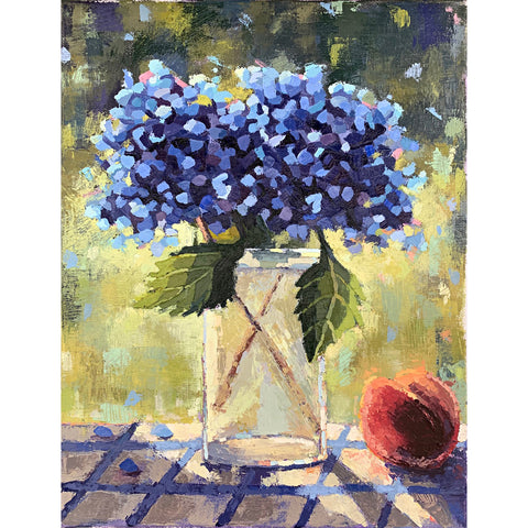 Still life painting with blue hydrangea in vase and peach on blue tablecloth by Joan Wiberg at Cottage Curator - Sperryville VA Art Gallery