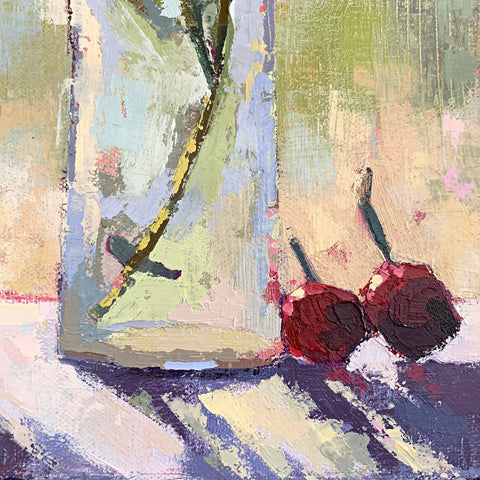 Detail of cherries in still life painting of vases of flowers on window sill in summer sunlight by Joan Wiberg at Cottage Curator - Sperryville VA Art Gallery