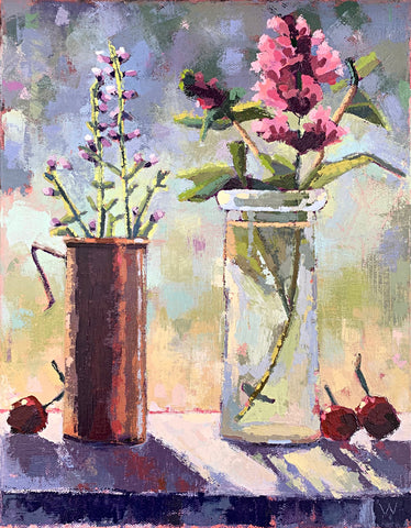 Still life painting of vases of pink flowers and cherries on window sill in summer sunlight by Joan Wiberg at Cottage Curator - Sperryville VA Art Gallery
