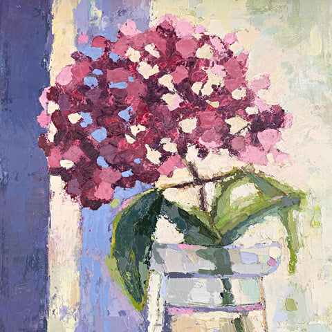 Still life painting of pink hydrangea in vase in blues and pinks by Joan Wiberg at Cottage Curator - Sperryville VA Art Gallery