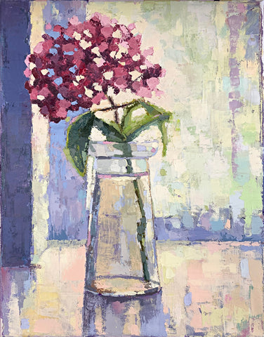 Still life painting of pink hydrangea in vase in blues and pinks by Joan Wiberg at Cottage Curator - Sperryville VA Art Gallery