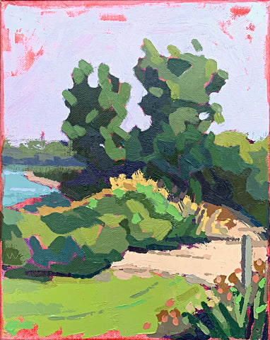 Landscape painting of trees near the water with pink undertones by Joan Wiberg at Cottage Curator - Sperryville VA Art Gallery