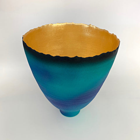 Blue and green ceramic bowl with rough edge and gold interior by Cheryl Williams at Cottage Curator - Sperryville VA Art Gallery